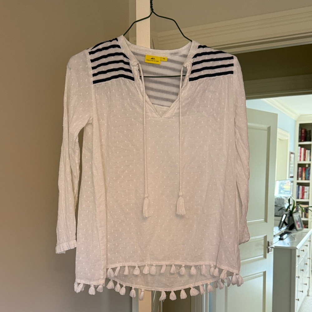 Roller Rabbit White and Navy Tassel Blouse